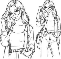 line art bride girl and mordan Woman line Drawing design.