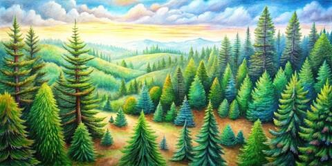 Detailed Pencil Drawing of Pine Trees in a Serene Landscape Capturing Nature's Beauty and Texture