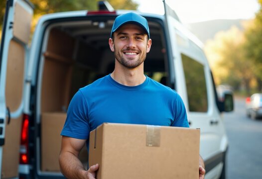 Young Delivery Person with Cardboard Box Beside Van for Business and Logistics Use