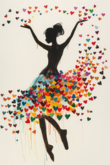 Silhouette of a dancing woman with colorful hearts, expressing joyful art through watercolor painting