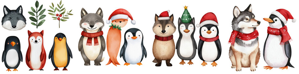 Fototapeta premium A collection of cute, festive penguins in Santa hats and holiday attire, isolated.