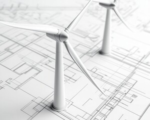 Mechanical drawing of a wind turbine, with focus on aerodynamic blades, Engineering Drawing, Sustainable Technology