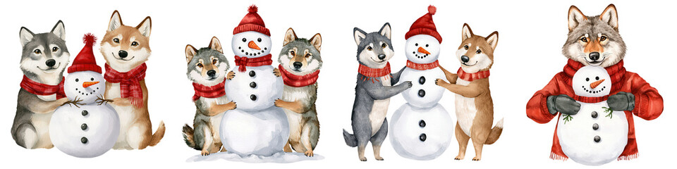 Cute animals in festive attire posing with snowmen, white isolate background.