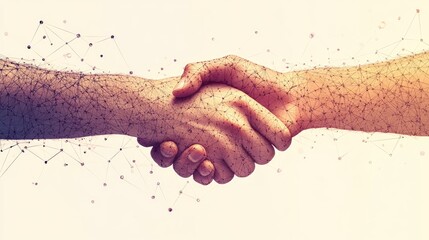 Hands shaking virtually with a colorful gradation background, representing the idea of digital collaboration and professional unity