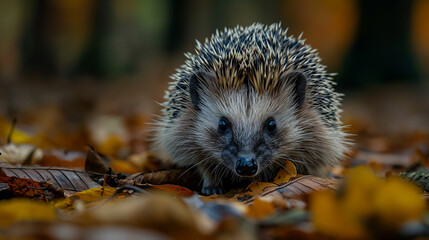 Cute brown hedgehog with spines in autumn forest leaves, wildlife animal in natural outdoor setting