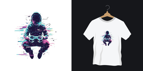 A dynamic glitch style illustration of a gamer character t-shirt design