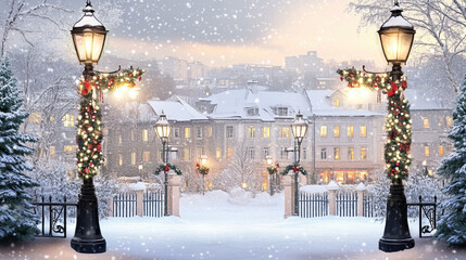 Snowy park with decorated lanterns and Christmas lights at dusk