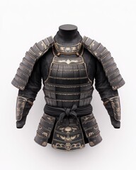Fototapeta premium A black and gold samurai armor is displayed on a white background