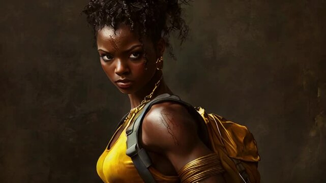 a fierce woman with a determined expression, wearing a yellow top and gold jewelry, carrying a backpack
