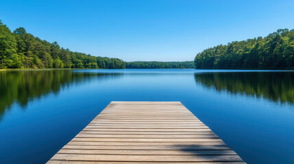 Tranquil Summer Retreat by the Lake, serene waters reflecting nature, a peaceful fishing pier inviting relaxation, ample blank space for personalized messages.