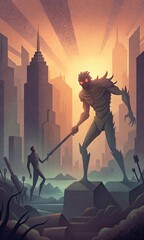 Naklejka premium A post-apocalyptic fight between a survivor and a creature in the ruins of a city
