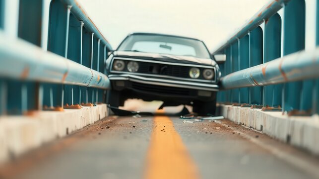 Car impact against W beam barrier, showcasing the moment of collision, highlighting vehicle damage and barrier response, emphasizing safety features and design integrity