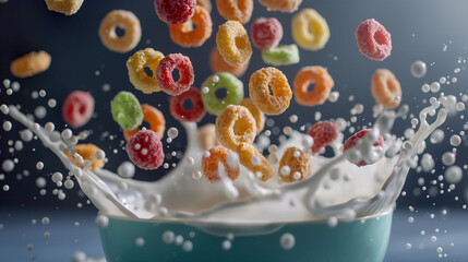 Colorful cereal loops floating in a fresh milk splash from a bowl for a vibrant breakfast.