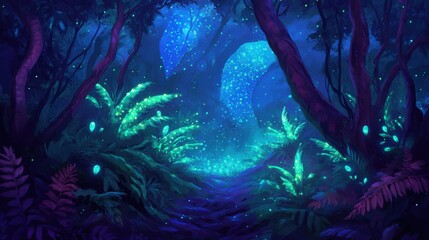 Obraz premium Enchanted forest filled with glowing plants and mythical creatures, vibrant colors and magical ambiance, an ideal setting for fantasy adventures and storytelling.