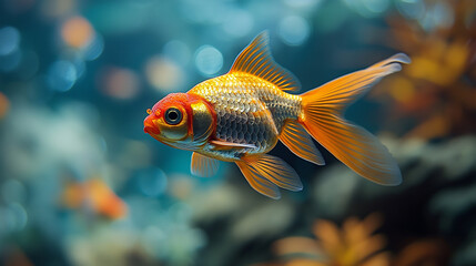 Obraz premium Vibrant goldfish with orange tail and fins swimming underwater in a blurred aquarium with colors