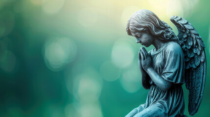 Obraz premium Grieving angel statue surrounded by lush greenery, symbolizing loss and remembrance, perfect for funeral services or a tribute to loved ones, evokes deep emotions of sadness and mourning.