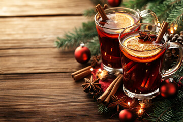 Christmas mulled wine with spices and orange slices on rustic table, traditional drink on winter and festive holiday, magic light. Generative AI