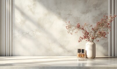 Beige tabletop on classic wall panels background. Empty concrete countertop for cosmetics, drinks and food presentation. Clean marble desk for advertising design, 