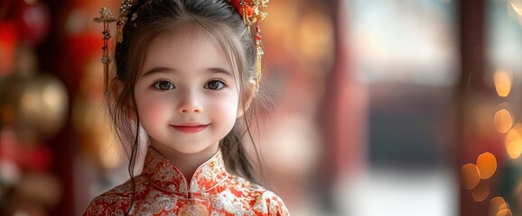Fototapeta premium Adorable Little Girl in Traditional Chinese Dress