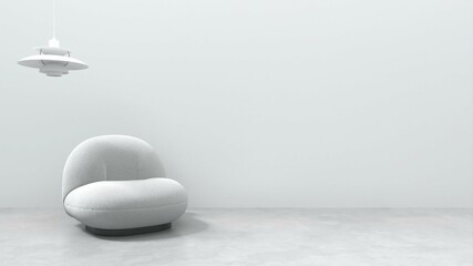 Modern minimalist interior featuring a stylish white chair with a pendant light against a blank wall, creating a serene and spacious ambiance. 3D rendering