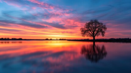 Fototapeta premium Vibrant Sunset Reflections Over a Serene Lake, a breathtaking display of colors dances on water, framed by a solitary tree, creating a peaceful and calming atmosphere.