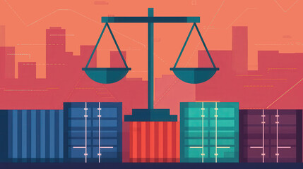 Trade Deficit Analysis, a flat design illustration showcasing balance scales alongside import-export icons, emphasizing the dynamics of international trade and economic disparity.