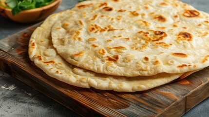 Flatbread on Wooden Board, a vibrant flat design illustration showcasing traditional flatbread arranged on a rustic wooden board, emphasizing its texture and colors.