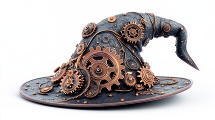 Fototapeta premium A detailed steampunk wizard hat adorned with intricate gears and metalwork, blending fantasy and industrial aesthetics.