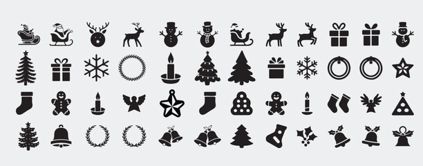 Holiday Christmas Vector Icon Set and Winter Icon Set. Flat design icons featuring festive elements and winter-themed items. Design for banner, greeting card, invitation, poster, and print
