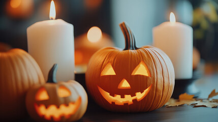 carved pumpkin and the candles decoration at night 