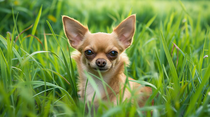 Adorable cute chihuahua puppy dog with big ears and brown fur sitting in green grass outdoors