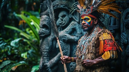 A man dressed in a traditional Papua New Guinean string bag and bark cloth outfit, standing in front of a tropical jungle with traditional carvings.