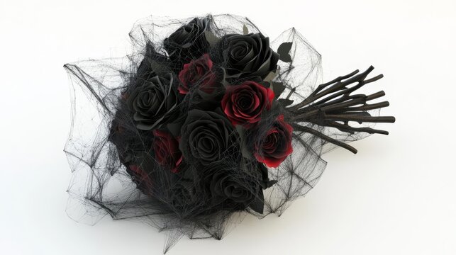 Elegant bouquet of black and red roses with intricate netting, perfect for gothic themed events or unique wedding decor.