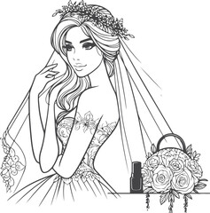 line art bride girl and mordan Woman line Drawing design.