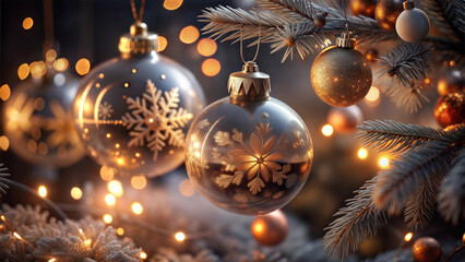 Sparkling Christmas ornaments with snowflake designs on a decorated tree for festive joy