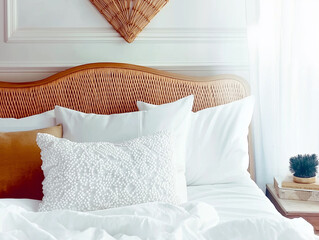 Clean bed with soft white pillows and wooden headrest