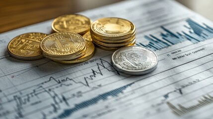 gold and silver coins stacked on top of a stock chart showing major gains.