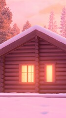 Cozy cabin in snowy mountain landscape at sunset