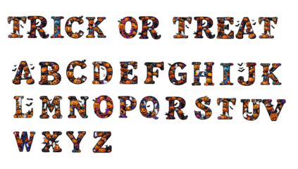 Halloween-themed uppercase letters filled with festive elements like pumpkins, ghosts, bats, and candy, spelling out "Trick or Treat" with the entire alphabet represented - AI Generated Digital Art