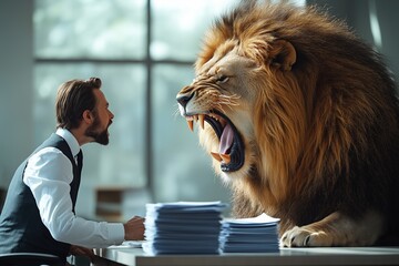 Businessman negotiates with a lion in an office environment, illustrating corporate challenges and unexpected confrontations