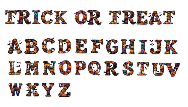 Halloween-themed uppercase letters filled with festive elements like pumpkins, ghosts, bats, and candy, spelling out "Trick or Treat" with the entire alphabet represented - AI Generated Digital Art