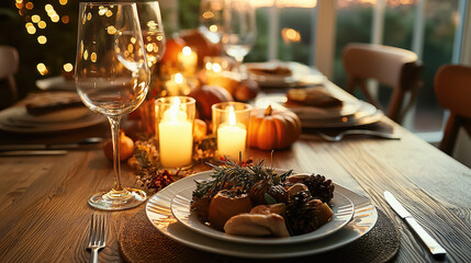 thanks giving dinner table decoration under the candles light 