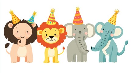 Fototapeta premium A lion, elephant, and monkey joyfully wear festive party hats at a cheerful celebration