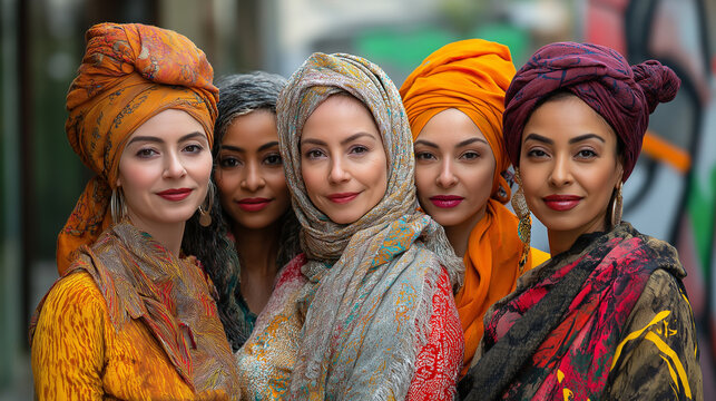 Five women of different ethnicities wearing traditional attire from their cultures, standing together in a vibrant urban setting with graffiti art in the background