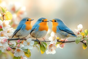Obraz premium Family Of Birds Sitting On A Delicate Branch