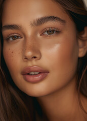 Obraz premium Portrait of a beautiful woman with freckles showcasing natural beauty and glowing skin, close-up of face