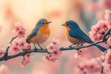 Obraz premium Pair Of Colorful Birds Chirping Happily On A Blossoming Cherry Tree Branch