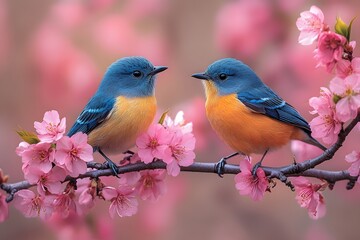 Obraz premium Pair Of Colorful Birds Chirping Happily On A Blossoming Cherry Tree Branch