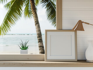 Picture frame on window sill with a view of beach, ocean, and palm tree, perfect for summer decor