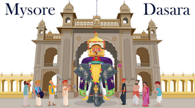 Mysore dasara, Balarama is lead elephant of Dasara procession and carried the idol of goddess Chamundeshwari, Balarama Name in Kannada Language, Musician Performing and People watching Procession